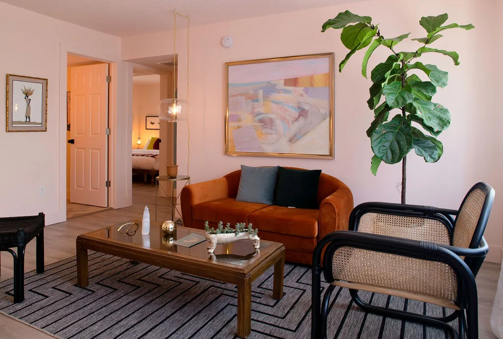 Warm eclectic living room at We Are Grateful
